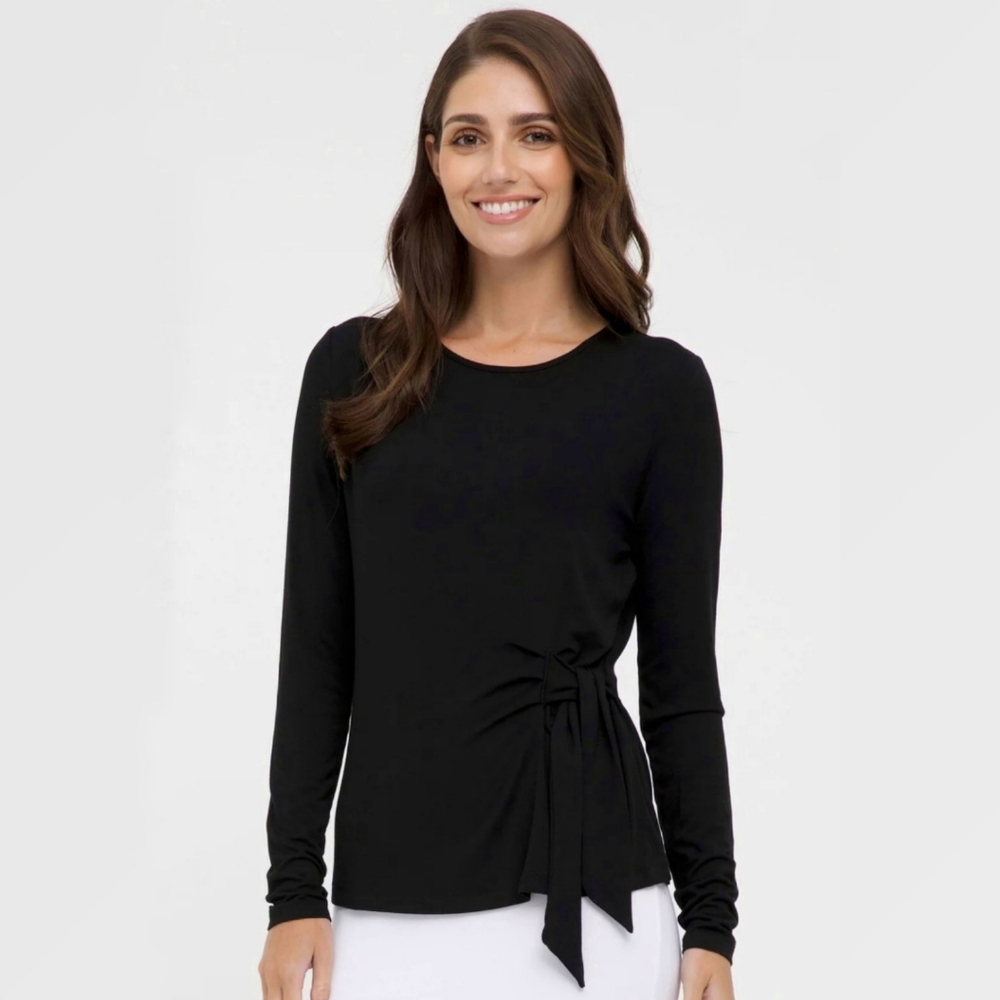 NWOT Luisa Cerano $440 Draped Silk Blend Tie Front Black Long Sleeve Blouse sz 6